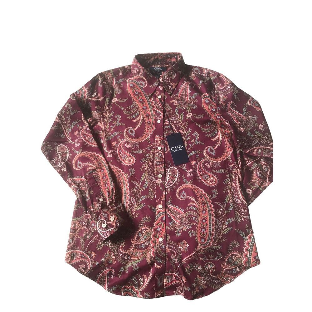 Chaps Womens Long Sleeve Paisley Cotton‎ Broadcloth Shirt - Wine/Size M